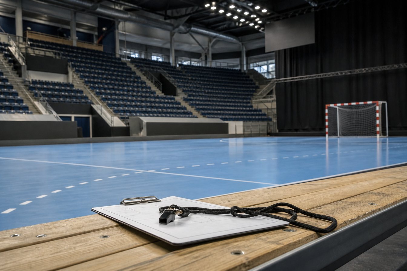 En tom inomhusarena med handbollsplan, ett handbollsmål och en visselpipa på en skrivplatta på en bänk i förgrunden